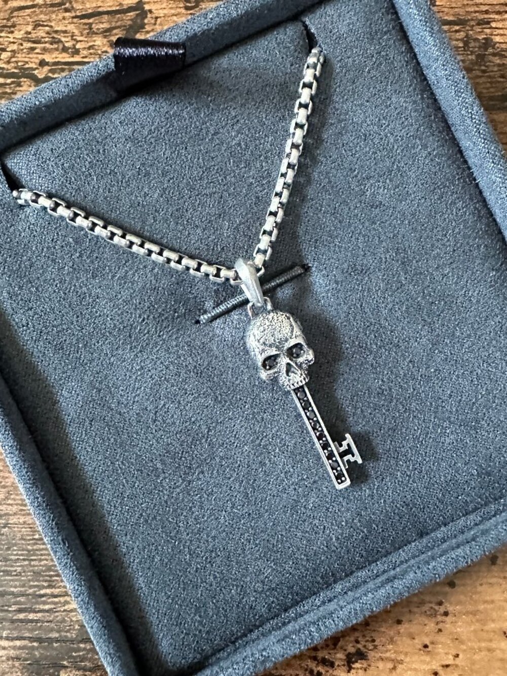 David Yurman Skull Key Pendant w/ Black Diamonds + DY Box Chain Necklace - 20"